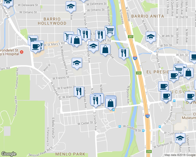 map of restaurants, bars, coffee shops, grocery stores, and more near 231 North Melwood Avenue in Tucson