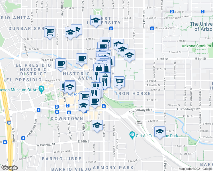 map of restaurants, bars, coffee shops, grocery stores, and more near 224 North 4th Avenue in Tucson