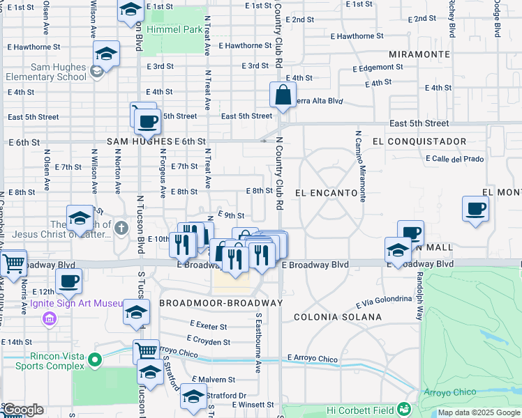 map of restaurants, bars, coffee shops, grocery stores, and more near 234 North Harris Avenue in Tucson