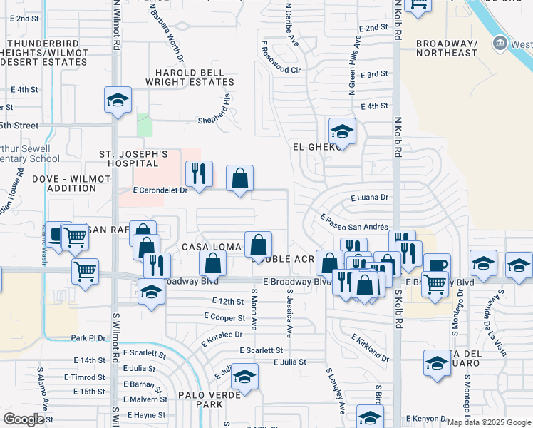 map of restaurants, bars, coffee shops, grocery stores, and more near 201 North Jessica Avenue in Tucson