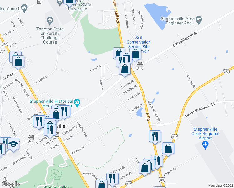 map of restaurants, bars, coffee shops, grocery stores, and more near 204 South Lennox Avenue in Stephenville