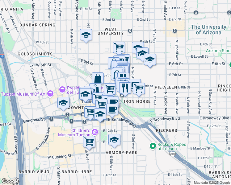 map of restaurants, bars, coffee shops, grocery stores, and more near 260 East 8th Street in Tucson