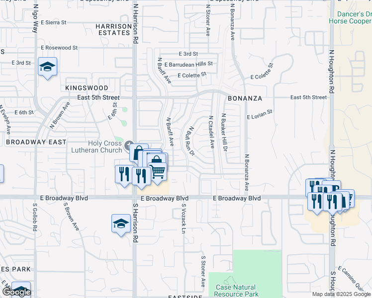 map of restaurants, bars, coffee shops, grocery stores, and more near 301 North Bull Run Drive in Tucson