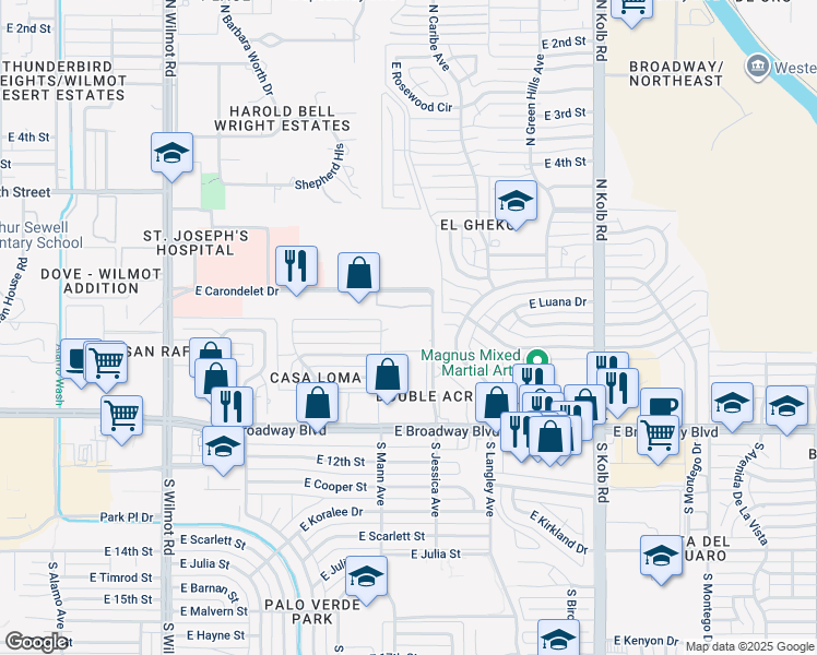 map of restaurants, bars, coffee shops, grocery stores, and more near 201 North Jessica Avenue in Tucson