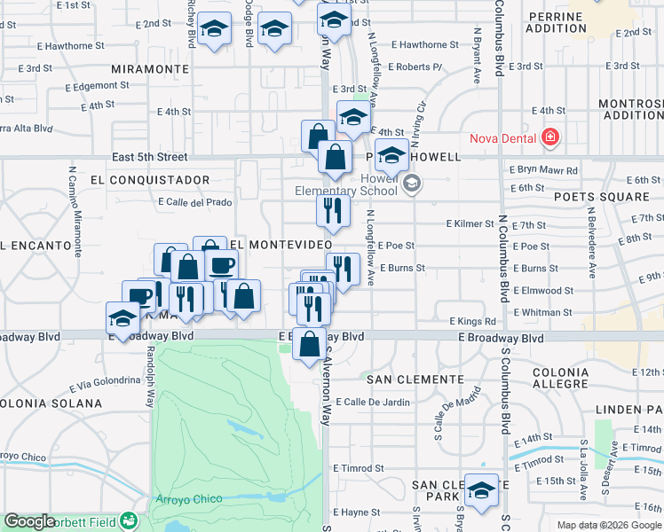 map of restaurants, bars, coffee shops, grocery stores, and more near 3855 East Calle Cortez in Tucson