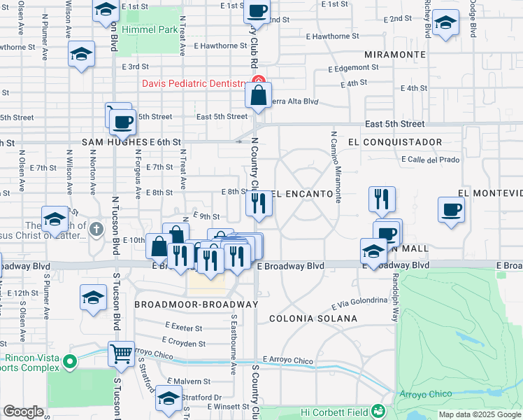 map of restaurants, bars, coffee shops, grocery stores, and more near 314 North Country Club Road in Tucson