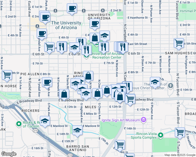map of restaurants, bars, coffee shops, grocery stores, and more near 220 North Vine Avenue in Tucson