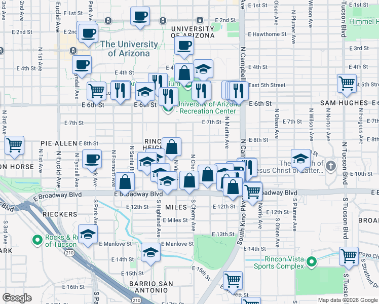 map of restaurants, bars, coffee shops, grocery stores, and more near 220 North Vine Avenue in Tucson