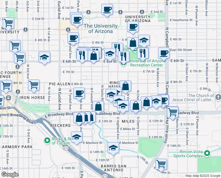 map of restaurants, bars, coffee shops, grocery stores, and more near 1312 East 8th Street in Tucson