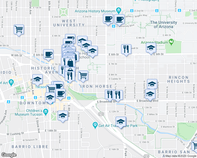 map of restaurants, bars, coffee shops, grocery stores, and more near 219 North 1st Avenue in Tucson