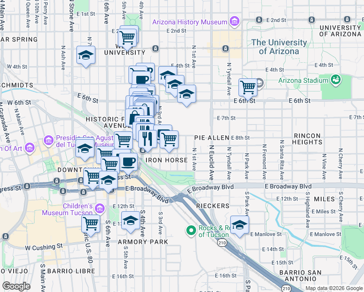 map of restaurants, bars, coffee shops, grocery stores, and more near 222 North 2nd Avenue in Tucson