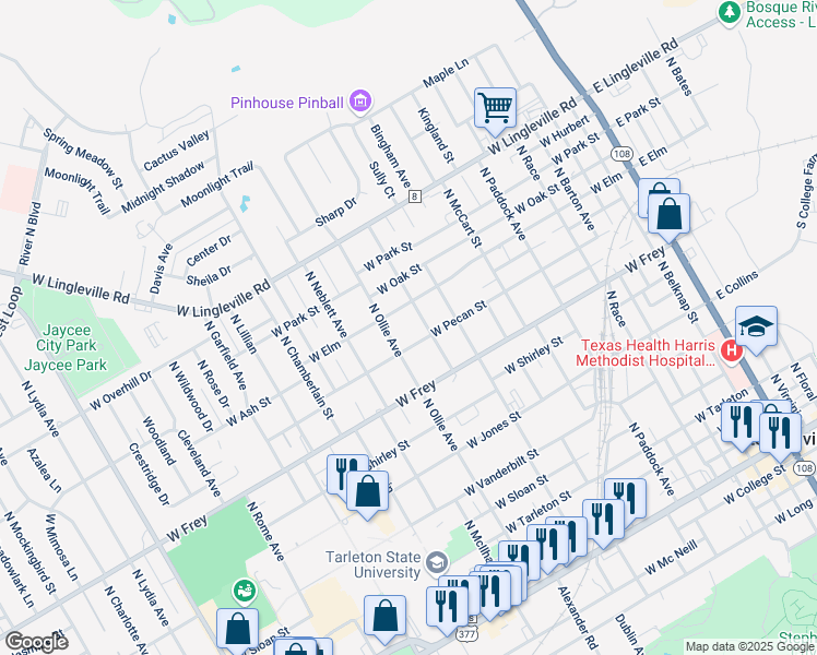 map of restaurants, bars, coffee shops, grocery stores, and more near 1030 North Kight Street in Stephenville