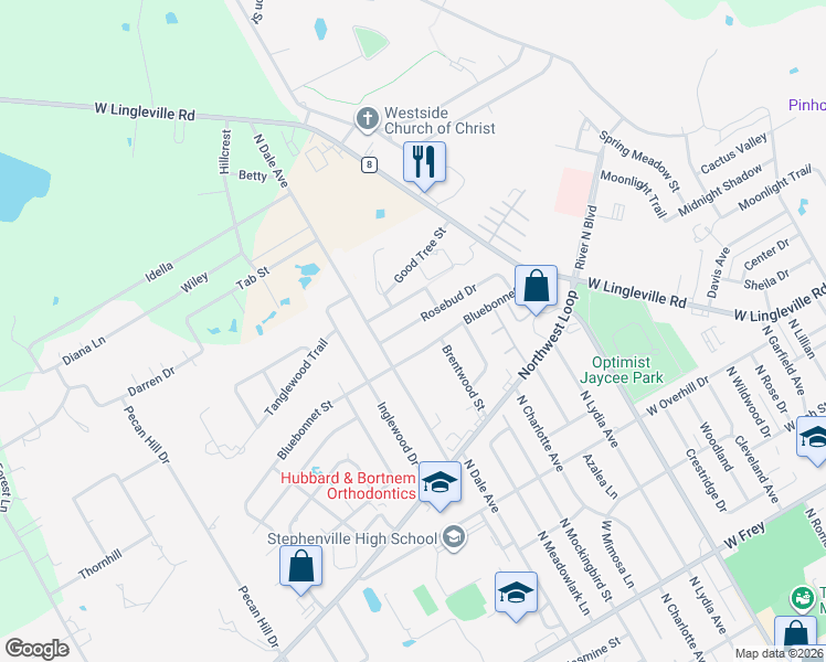 map of restaurants, bars, coffee shops, grocery stores, and more near 309 Bluebonnet Street in Stephenville