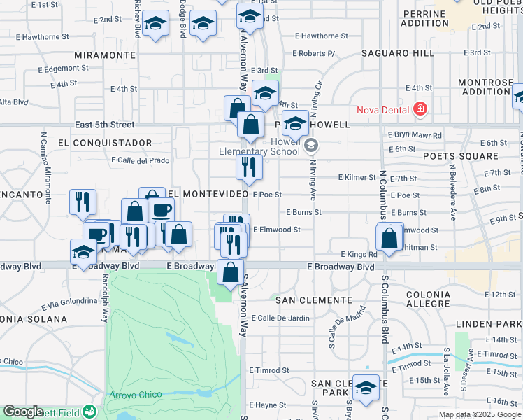 map of restaurants, bars, coffee shops, grocery stores, and more near 202 North Rojen Court in Tucson