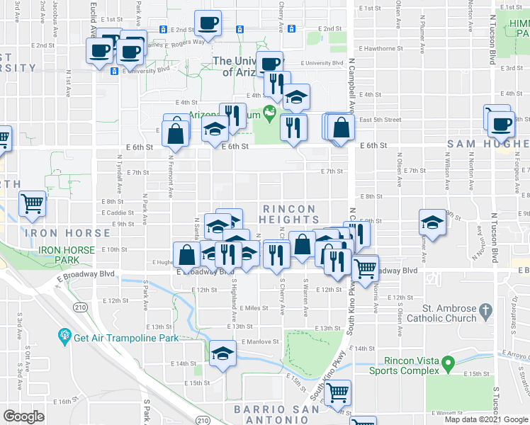 map of restaurants, bars, coffee shops, grocery stores, and more near 220 North Vine Avenue in Tucson