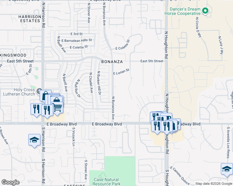 map of restaurants, bars, coffee shops, grocery stores, and more near 246 North Bonanza Avenue in Tucson