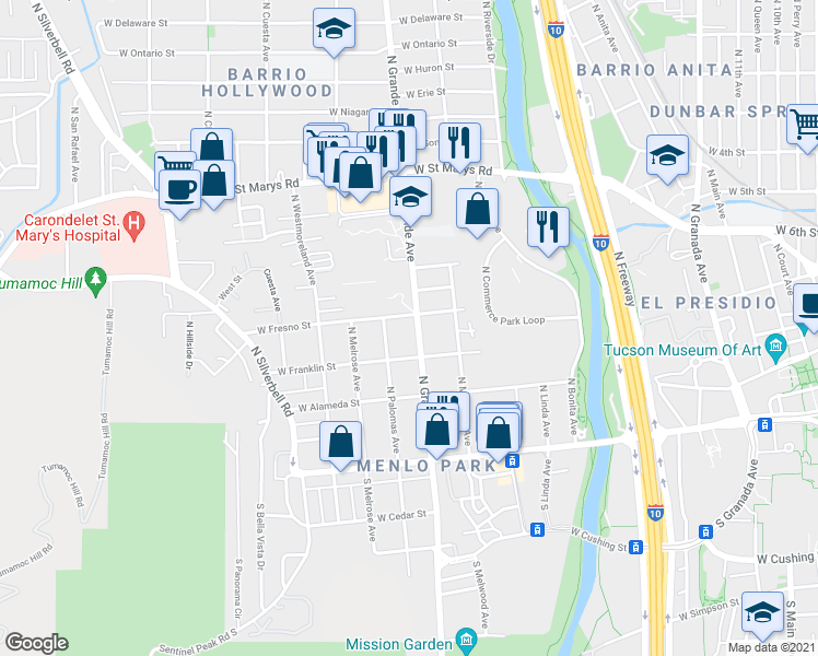 map of restaurants, bars, coffee shops, grocery stores, and more near 247 North Grande Avenue in Tucson