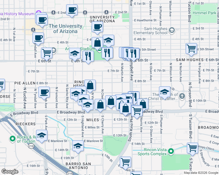 map of restaurants, bars, coffee shops, grocery stores, and more near 1612 East 8th Street in Tucson