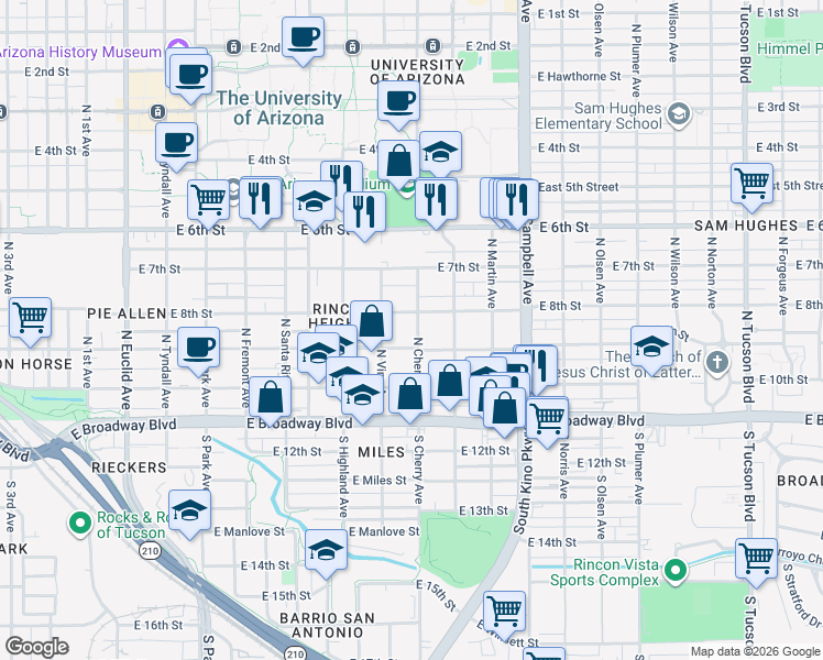 map of restaurants, bars, coffee shops, grocery stores, and more near 220 North Vine Avenue in Tucson