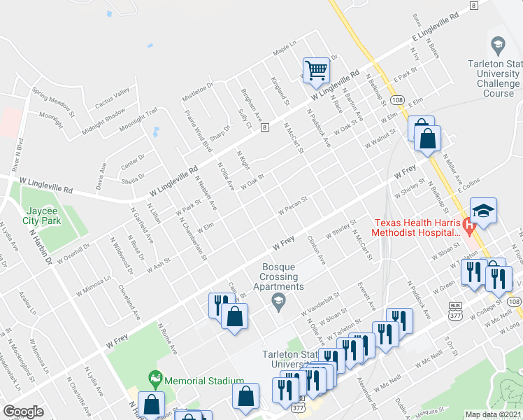map of restaurants, bars, coffee shops, grocery stores, and more near 1030 North Kight Street in Stephenville
