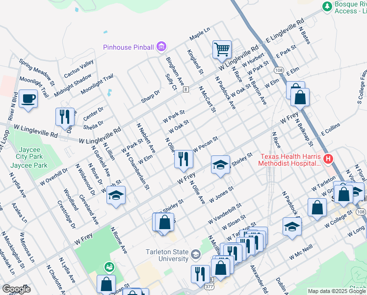 map of restaurants, bars, coffee shops, grocery stores, and more near 1030 North Kight Street in Stephenville