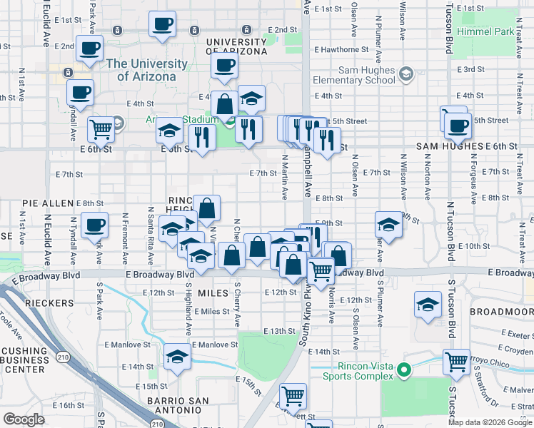 map of restaurants, bars, coffee shops, grocery stores, and more near 230 North Warren Avenue in Tucson