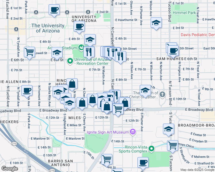 map of restaurants, bars, coffee shops, grocery stores, and more near 222 N Martin Ave in Tucson