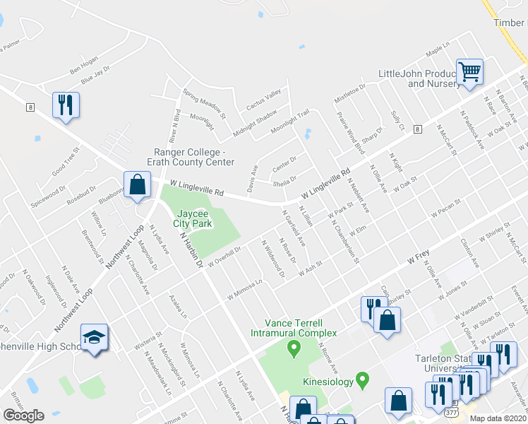 map of restaurants, bars, coffee shops, grocery stores, and more near 1630 West Lingleville Road in Stephenville