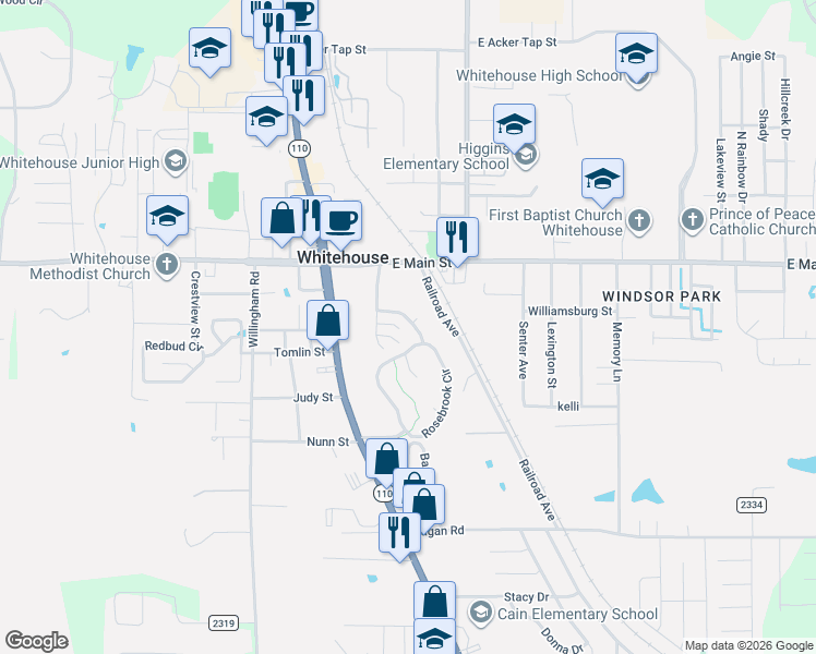 map of restaurants, bars, coffee shops, grocery stores, and more near 208 Pinewood Drive in Whitehouse