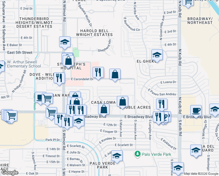 map of restaurants, bars, coffee shops, grocery stores, and more near 6625 East Paseo San Andrés in Tucson