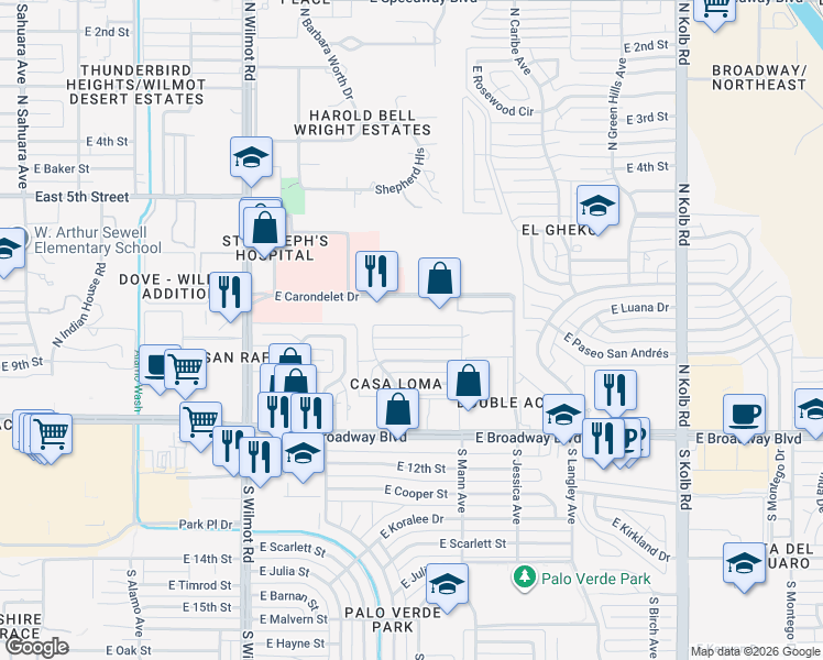 map of restaurants, bars, coffee shops, grocery stores, and more near 6625 East Paseo San Andrés in Tucson