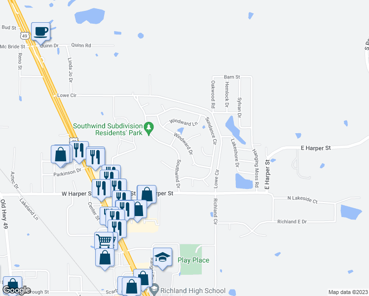 map of restaurants, bars, coffee shops, grocery stores, and more near 845 Windward Drive in Richland