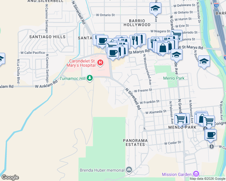 map of restaurants, bars, coffee shops, grocery stores, and more near 315 North Hillside Drive in Tucson