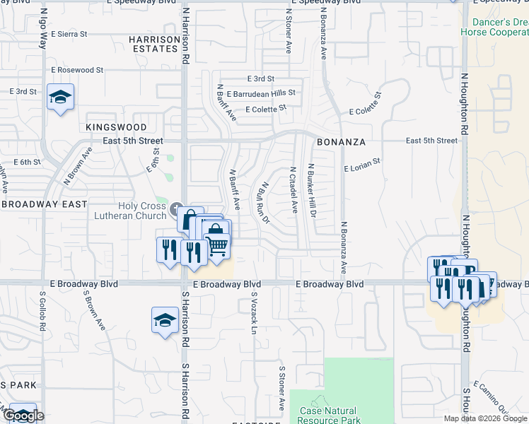map of restaurants, bars, coffee shops, grocery stores, and more near 301 North Bull Run Drive in Tucson