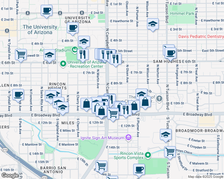 map of restaurants, bars, coffee shops, grocery stores, and more near 224 North Campbell Avenue in Tucson