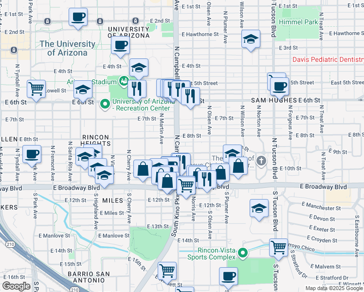 map of restaurants, bars, coffee shops, grocery stores, and more near 224 North Campbell Avenue in Tucson
