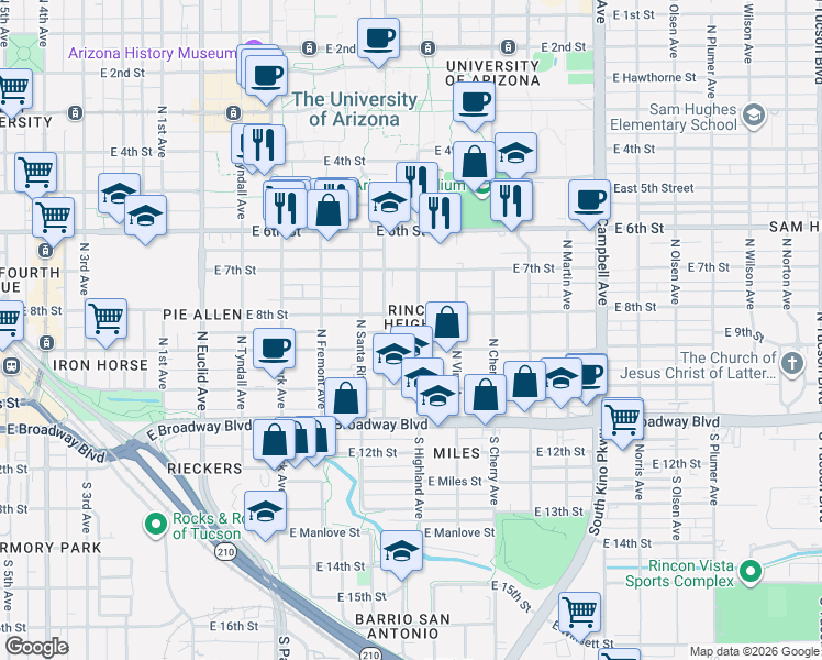 map of restaurants, bars, coffee shops, grocery stores, and more near 1312 East 8th Street in Tucson