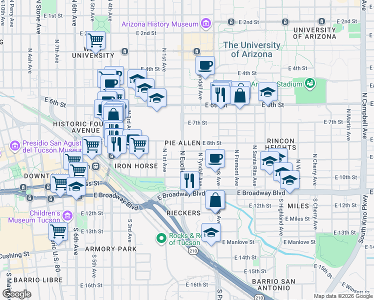 map of restaurants, bars, coffee shops, grocery stores, and more near in Tucson