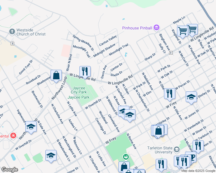 map of restaurants, bars, coffee shops, grocery stores, and more near 1630 West Lingleville Road in Stephenville