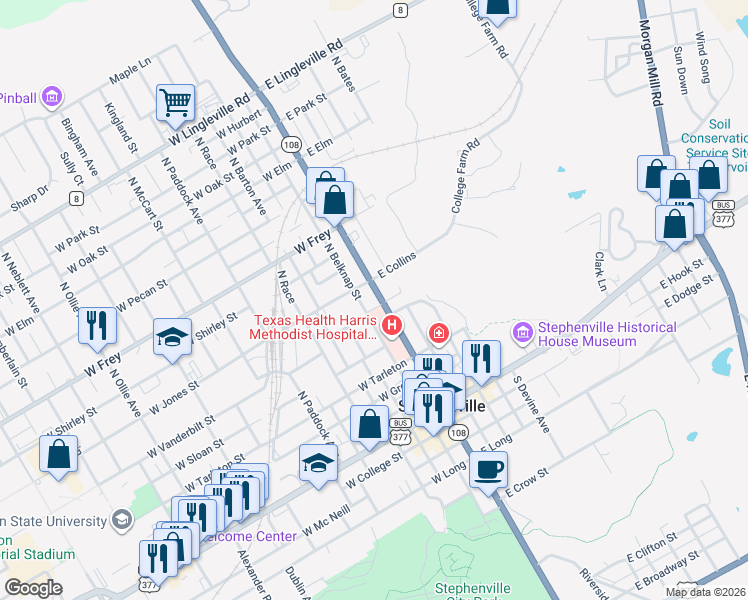 map of restaurants, bars, coffee shops, grocery stores, and more near 652 North Graham Street in Stephenville