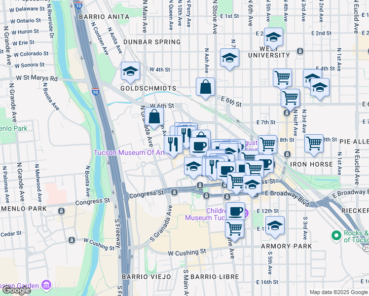 map of restaurants, bars, coffee shops, grocery stores, and more near 77 West Washington Street in Tucson