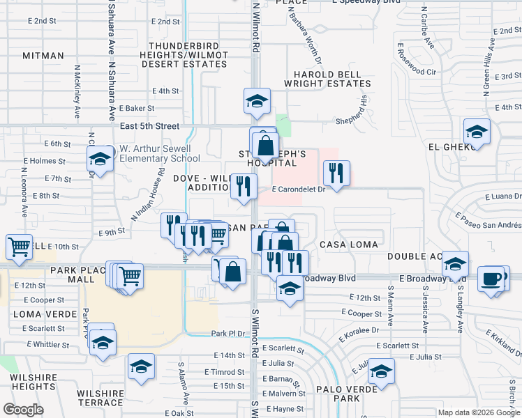 map of restaurants, bars, coffee shops, grocery stores, and more near 6301 East Paseo San Andrés in Tucson