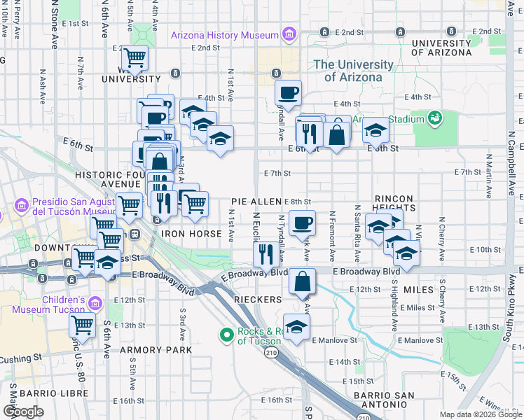 map of restaurants, bars, coffee shops, grocery stores, and more near in Tucson