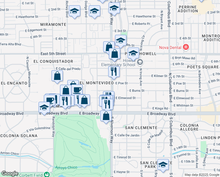 map of restaurants, bars, coffee shops, grocery stores, and more near 3855 East Calle Cortez in Tucson