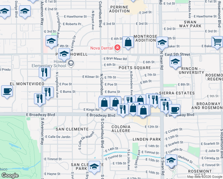 map of restaurants, bars, coffee shops, grocery stores, and more near 4337 East Burns Street in Tucson