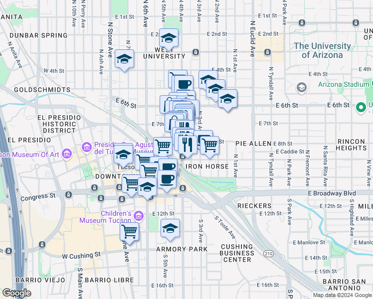 map of restaurants, bars, coffee shops, grocery stores, and more near 228 North 4th Avenue in Tucson
