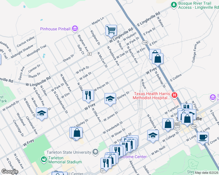 map of restaurants, bars, coffee shops, grocery stores, and more near 970 North Stephen Avenue in Stephenville