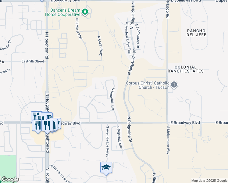 map of restaurants, bars, coffee shops, grocery stores, and more near 298 North Nightfall Avenue in Tucson