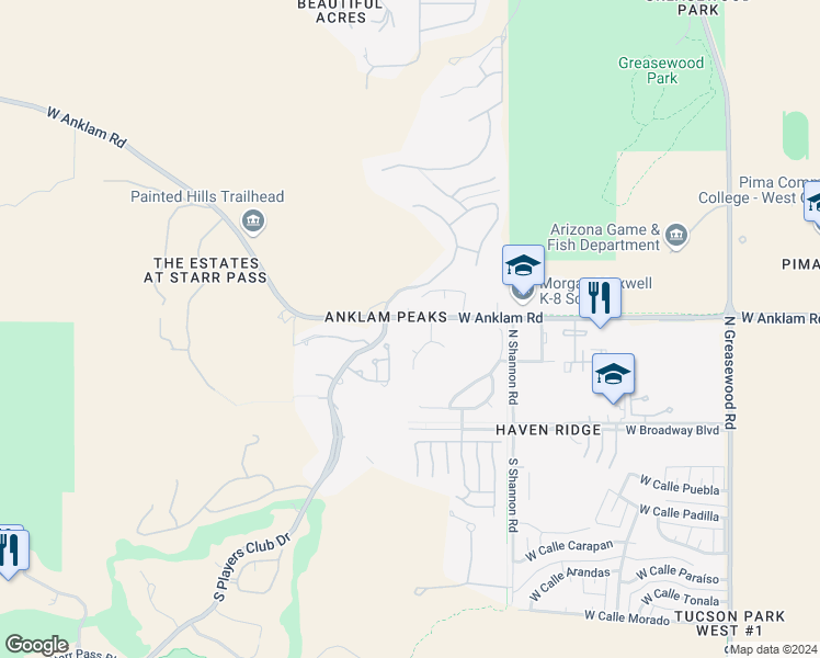 map of restaurants, bars, coffee shops, grocery stores, and more near 3053 West Anklam Road in Tucson