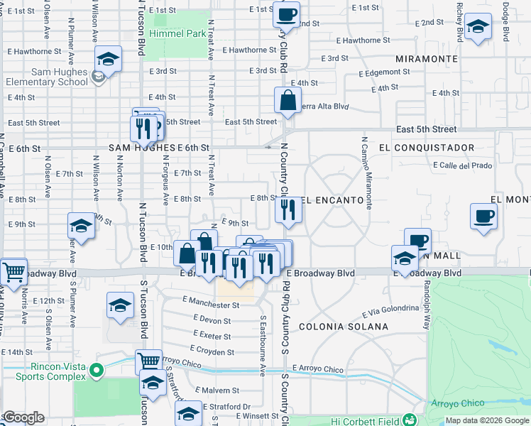 map of restaurants, bars, coffee shops, grocery stores, and more near 233 North Bentley Avenue in Tucson